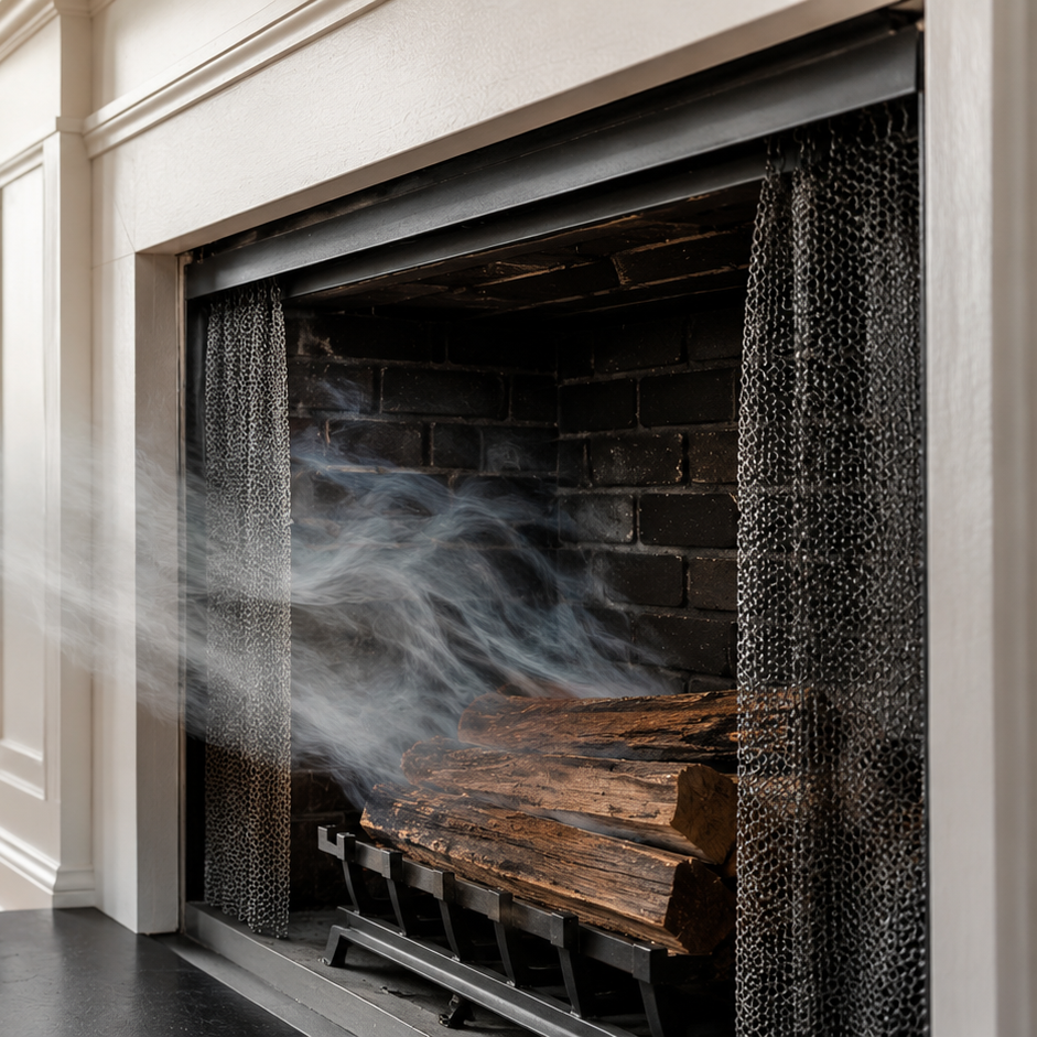 Brick fireplace with burning logs and wisps of smoke inside a black metal screen