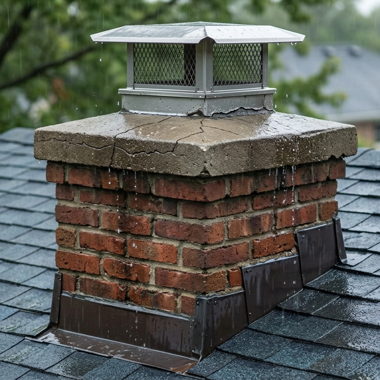 Brick chimney with metal cap on a shingled roof