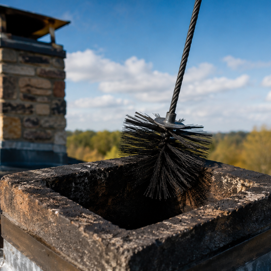 Brush cleaning a rooftop chimney flue under a blue sky.