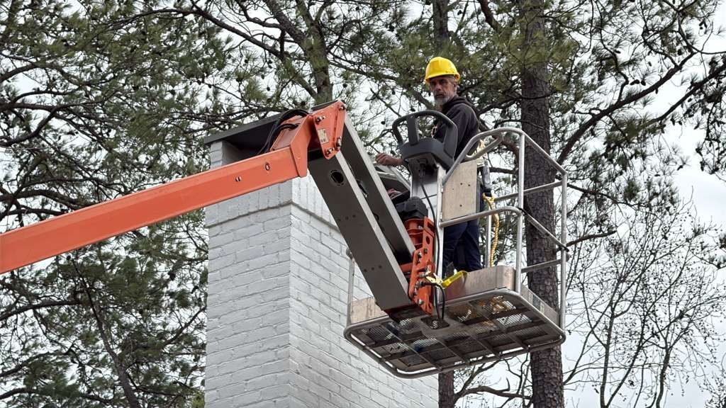 Worker in a bucket lift trimming tree branches near an orange boom arm