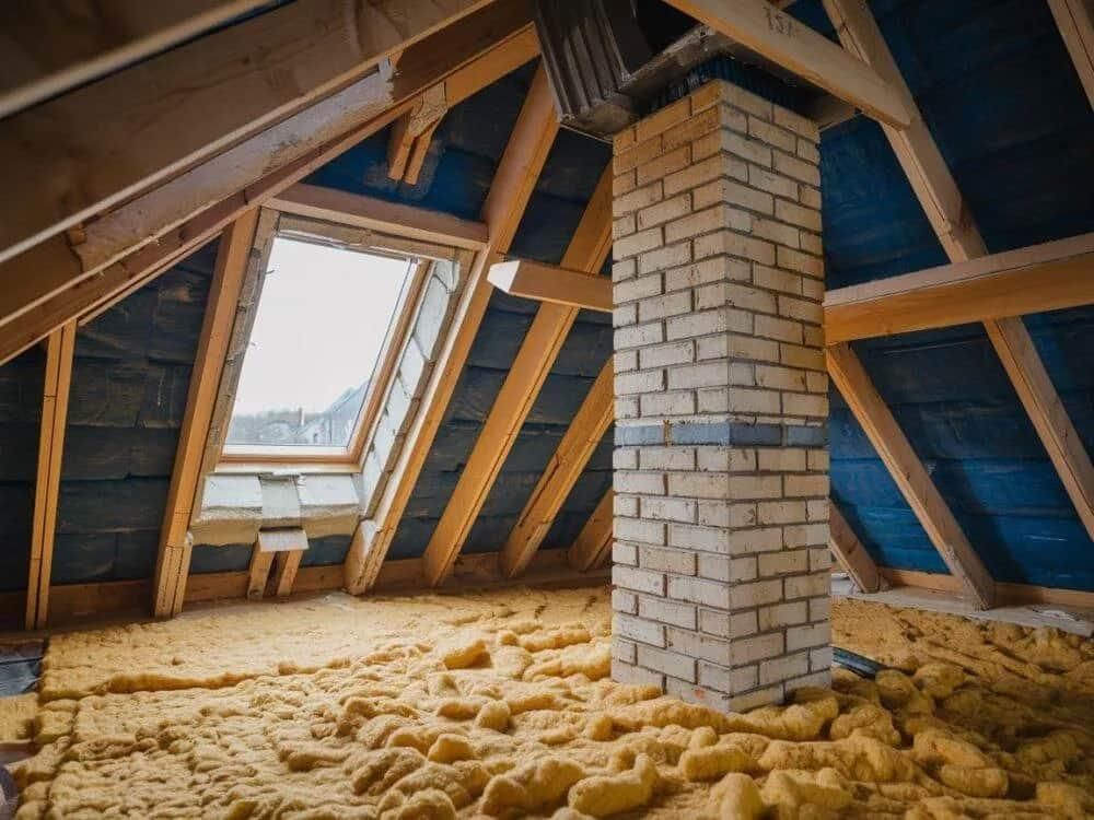 Attic under construction with exposed wooden beams, a brick chimney, blue insulation, and a window opening