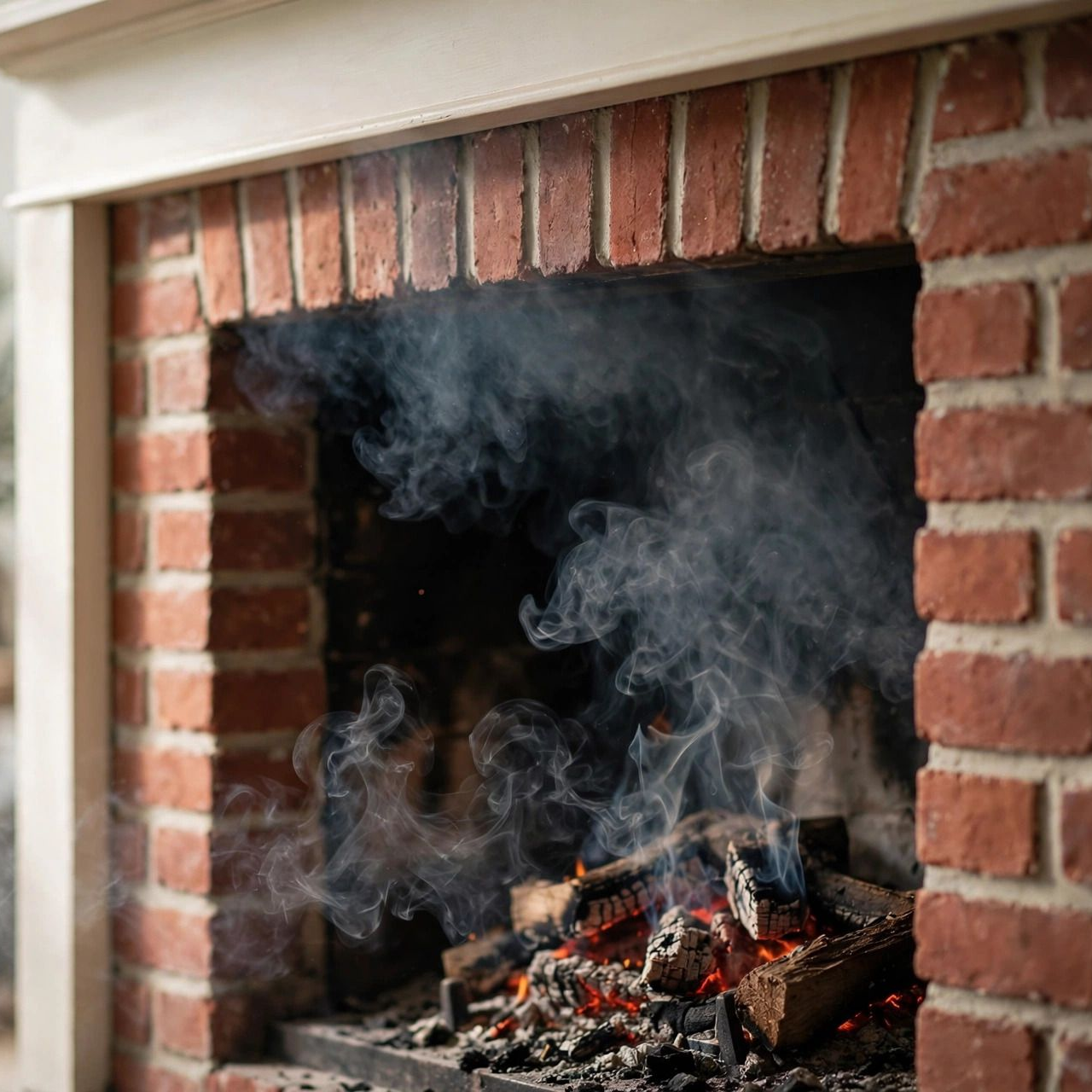 Brick fireplace with glowing embers and wisps of smoke rising from burning logs