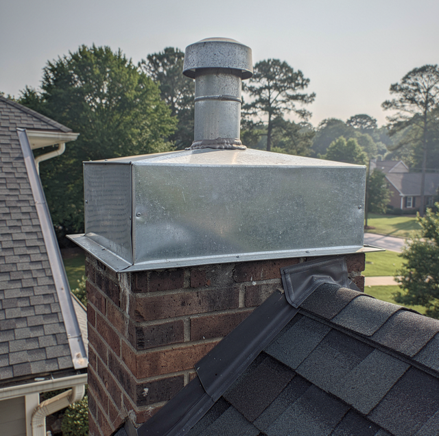 Metal roof vent on a brick chimney above a shingled house roof, with trees and homes in the background