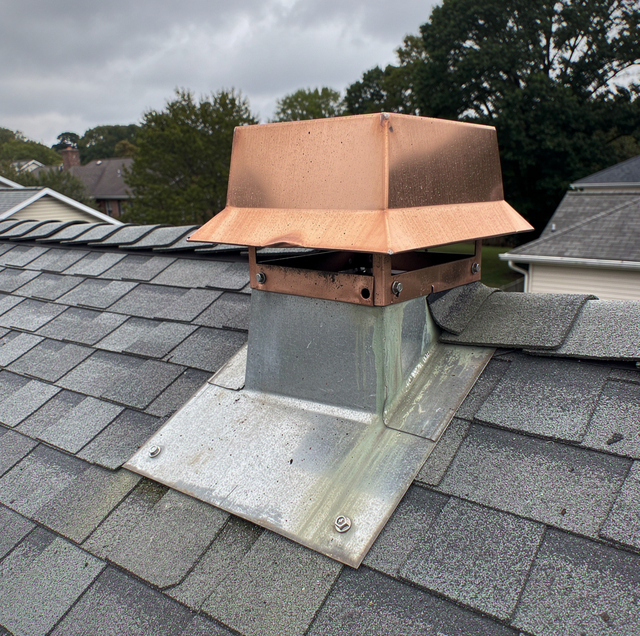 Copper chimney cap on a shingled roof with a metal flashing base