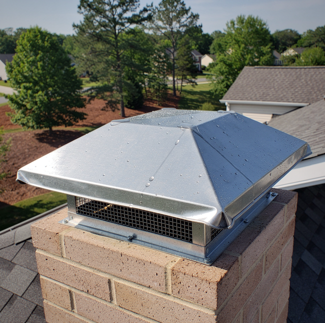 Silver metal rooftop vent on a brick chimney with trees and neighboring houses in the background