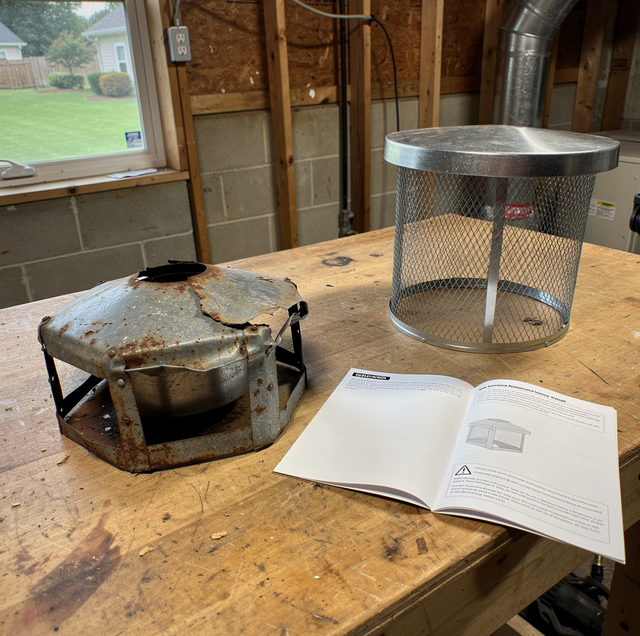 Two metal stove parts on a workbench beside an open instruction manual in a workshop.