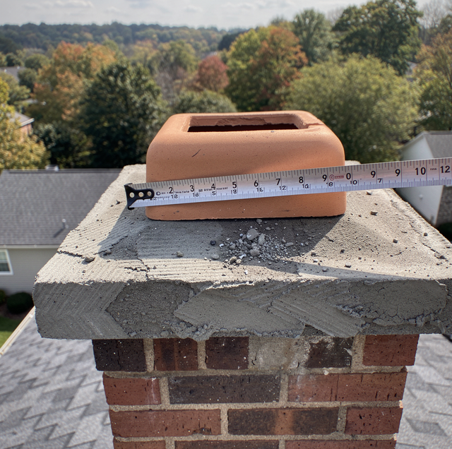 Tape measure across terracotta chimney cap on a brick chimney outdoors