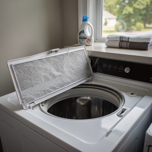 Open top-loading washing machine with a lint filter in a laundry room
