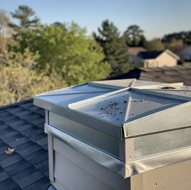 Rooftop vent cap on a shingled roof with trees and houses in the background
