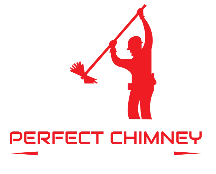 Red chimney-sweep logo with person holding a brush over the words &ldquo;Perfect Chimney&rdquo;