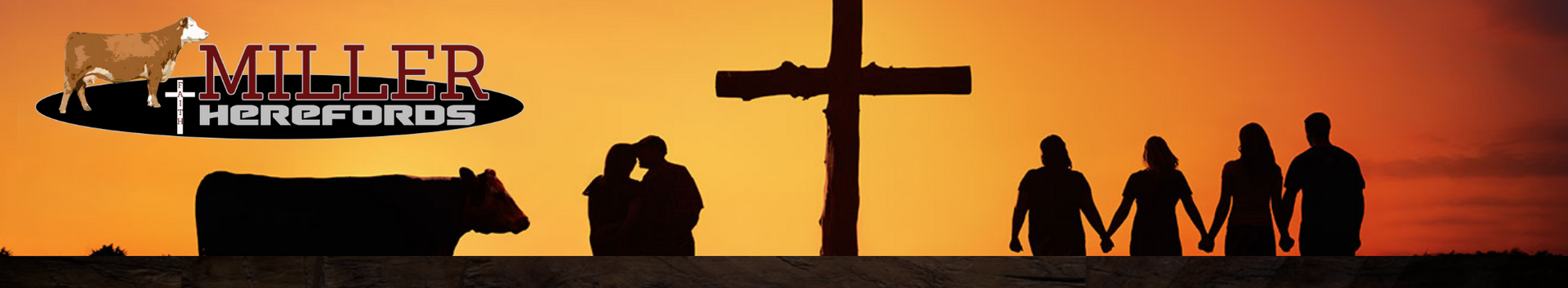 Silhouetted people and a cross at sunset with orange sky and Miller Herefords logo.