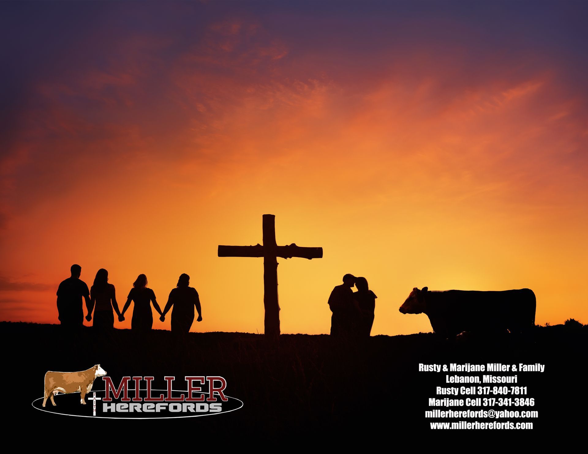 Silhouetted figures and a cross at sunset with orange sky, plus logo and contact text at bottom