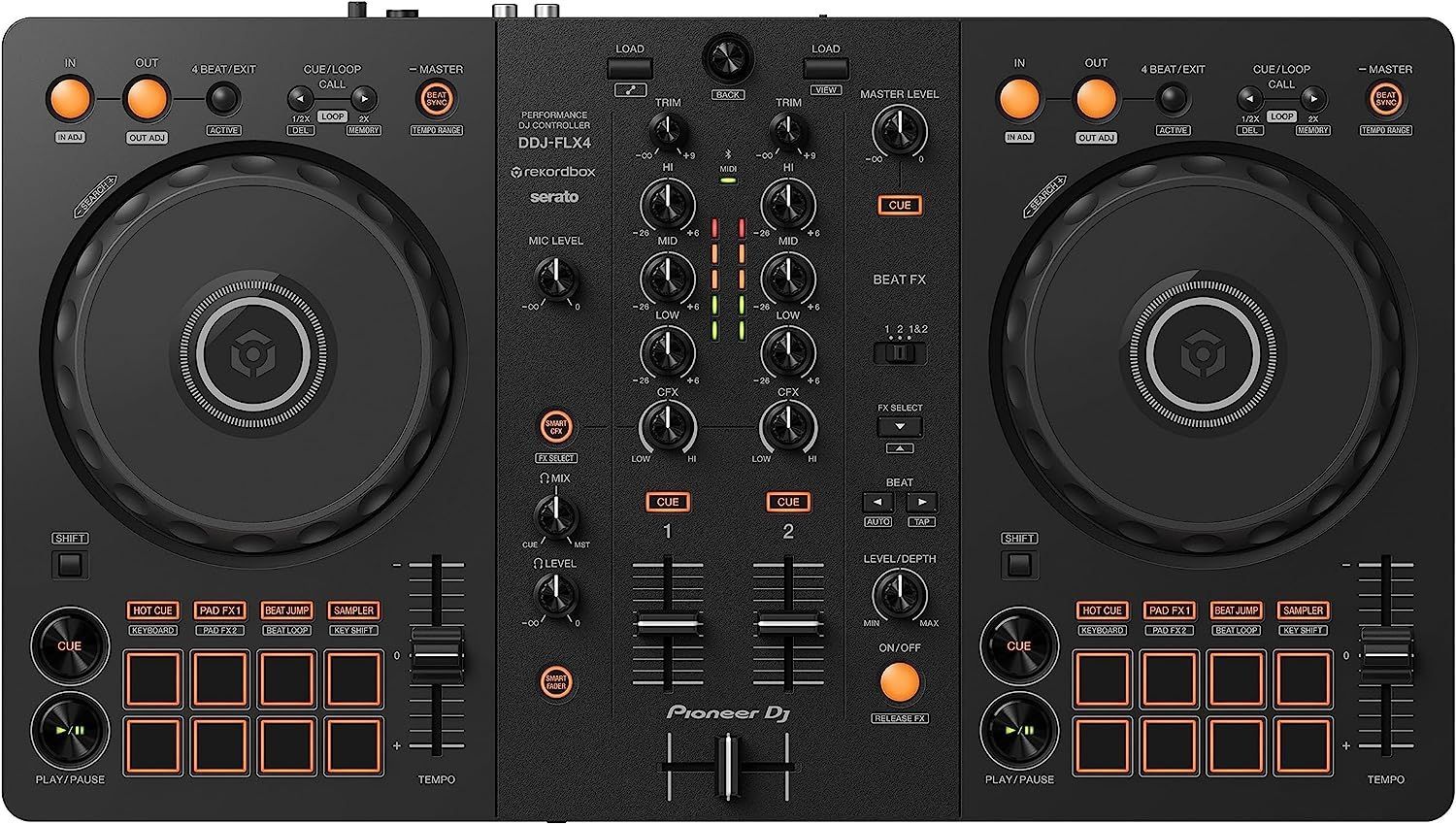 בקר DJ שחור עם שני רמקולים ומיקסר על רקע לבן.