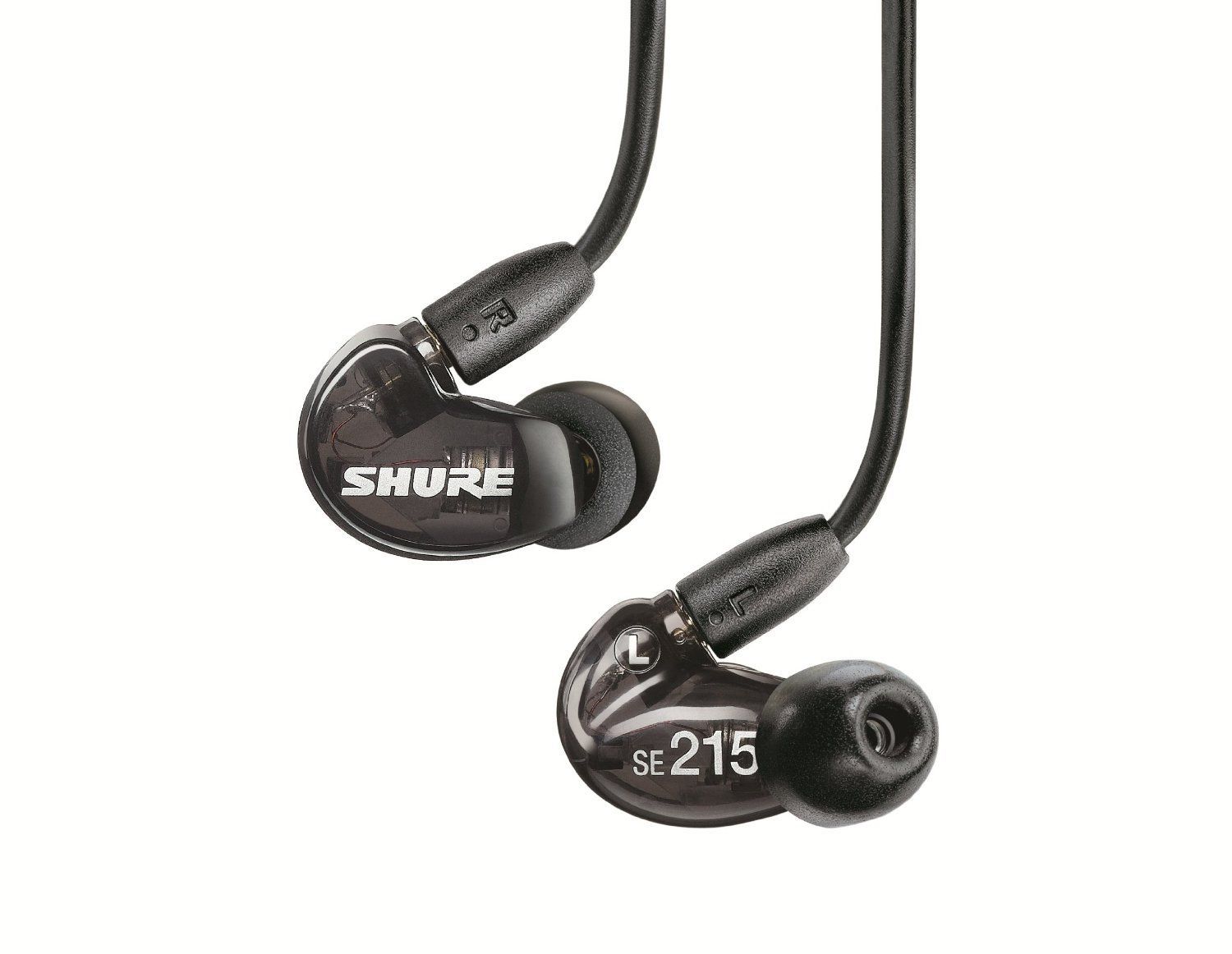 זוג אוזניות shure תלויות על חוט על רקע לבן.