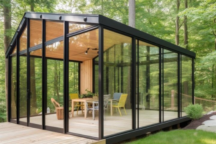 Modern glass-walled cabin with black frame and wood interior in a forest setting