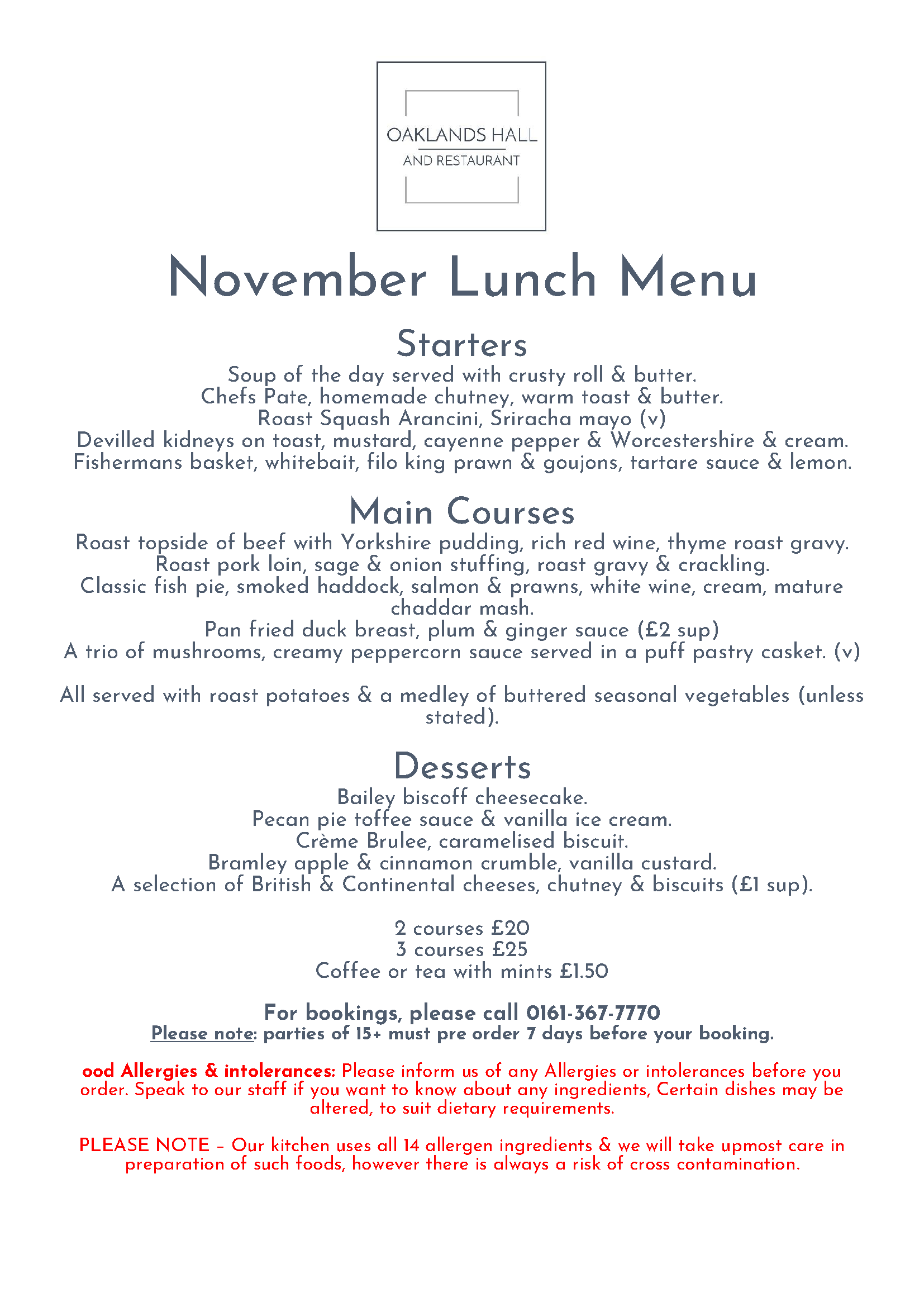 Oaklands Hall Menu