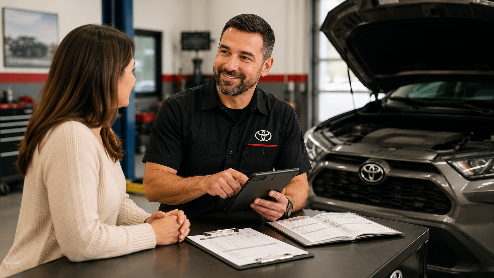 Mechanic showing customer price differences between toyota dealership and our pricing