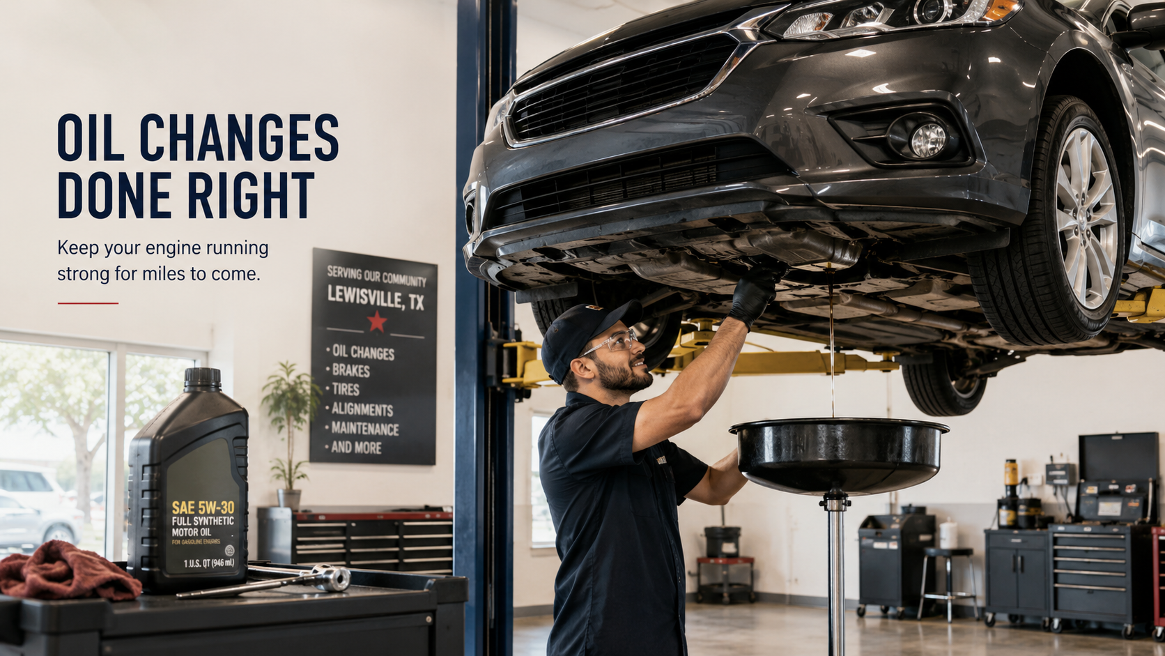 Professional oil change service at Elite Bros Automotive in Lewisville, TX