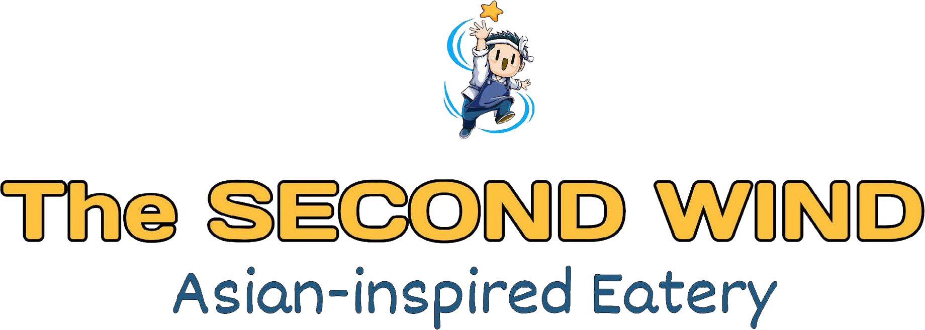 Logo for The Second Wind Asian-inspired eatery with blue text and a small chef mascot above
