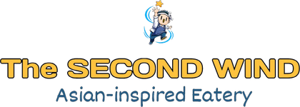 Logo for The Second Wind Asian-inspired eatery with blue text and a small chef mascot above