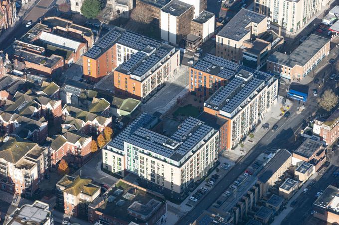 An aerial view of a city with lots of buildings.