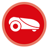 Ein weißes Rasenmähersymbol in einem roten Kreis.