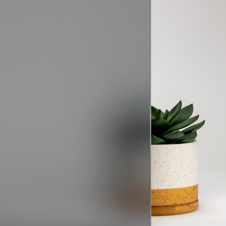 Frosted gray glass panel beside a small potted succulent plant with speckled white and yellow pot.