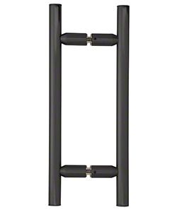 Black, H-shaped door pull handle with glass mounting hardware.