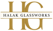 Logo for Halak Glassworks, gold letters 
