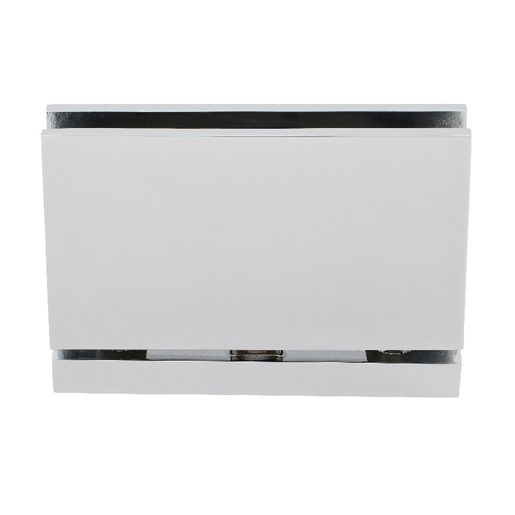 Polished stainless steel glass hinge.