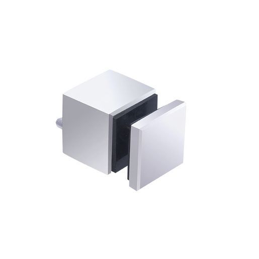 Square glass clamp, shiny silver finish. Holds a glass panel in place.