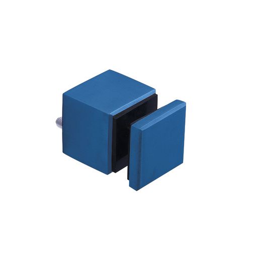 Blue metal glass clamp with two rectangular pieces, attached to a larger square.