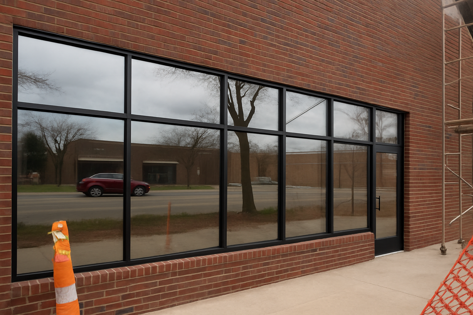 Brick building with large windows reflecting street scene; red car, tree, sky, orange cone. Aluminum storefront. Commercial door