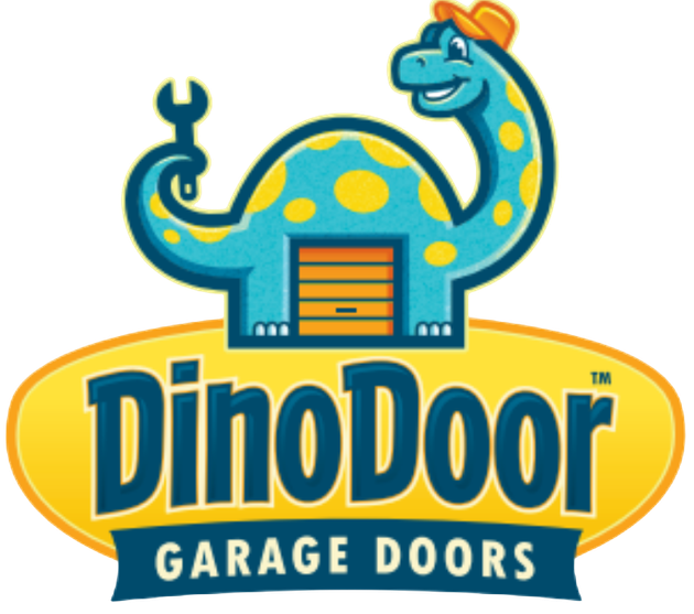 DinoDoor garage doors logo with a smiling blue dinosaur and yellow background