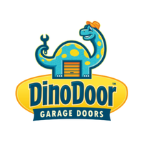 DinoDoor Garage Doors logo with a blue cartoon dinosaur and yellow oval text badge