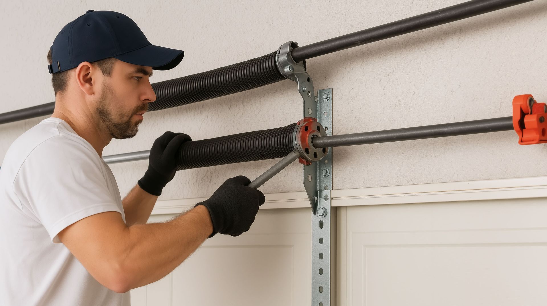 Close-up of a specialist performing a residential garage door spring repair with safety tools. Close-up of a specialist performing a residential garage door spring repair with safety tools.