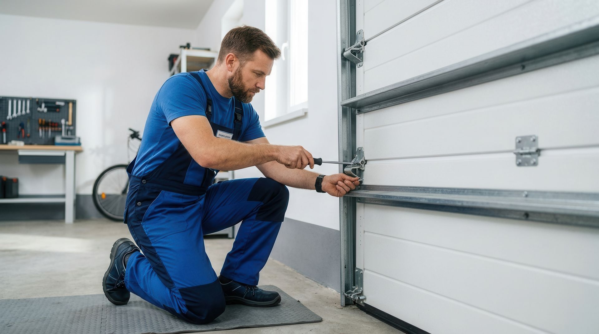 Worker kneels to tighten hinge hardware on a white panel door during garage door installation work.