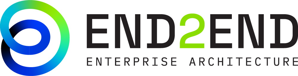 Logo for End2End Enterprise Architecture featuring a blue-to-green gradient infinity loop icon next to the text.