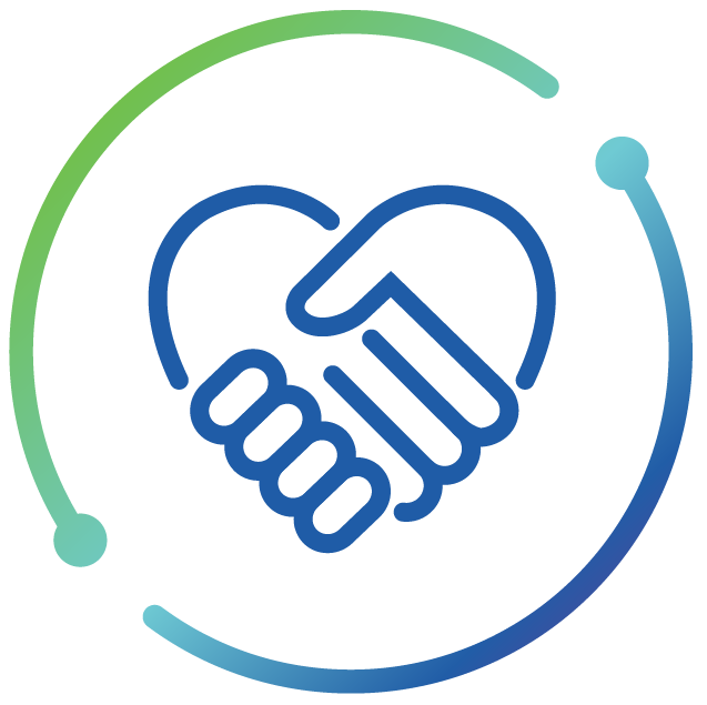 Blue heart-shaped handshake icon with green and blue circle border, symbolizing support.