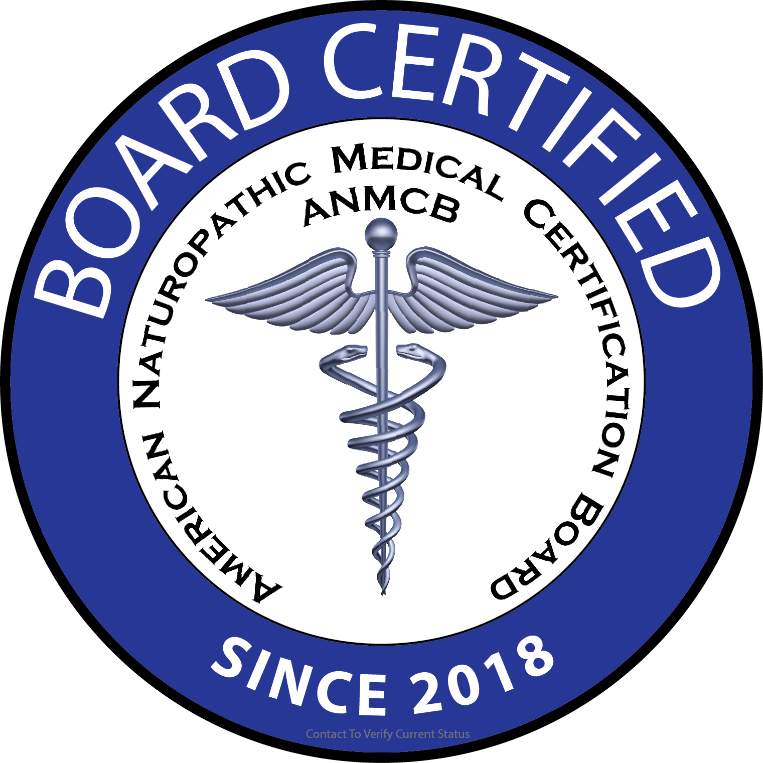 Blue circular board certification seal with medical caduceus, “ANMCB,” “BOARD CERTIFIED,” and “Since 2018”
