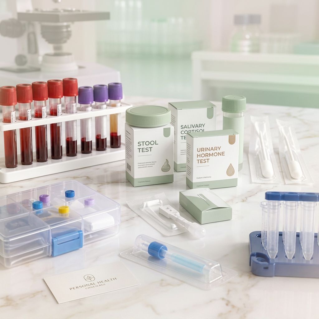 Laboratory bench with test tubes, petri dishes, and specimen boxes in soft green lighting