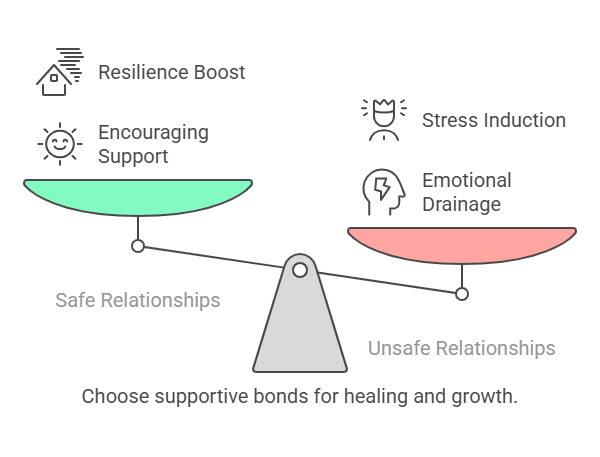 Scale comparing supportive green relationships vs unsafe red ones, with resilience vs stress and emotional drainage.
