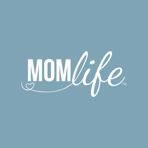 White “MOMlife” logo with a heart on a blue background