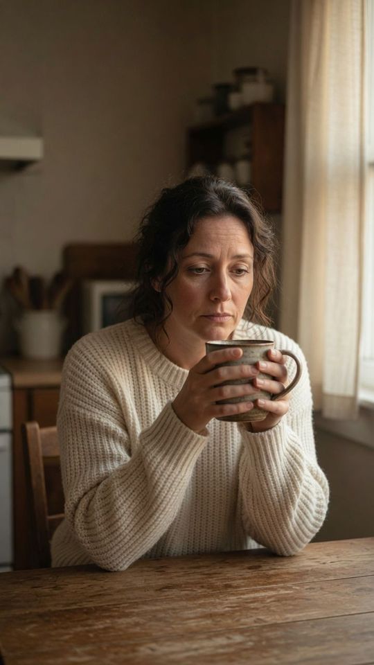 Person holding a mug at a wooden table by a window, wearing a cream sweater, looking pensive.