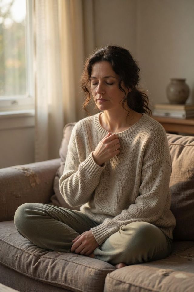 Woman sitting cross-legged on a couch, eyes closed, hand on chest in a calm living room.