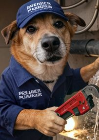 Dog in blue work uniform and cap holding a red power tool, sparks flying as it works.