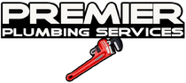 Premier Plumbing Services logo with a red pipe wrench on a white background