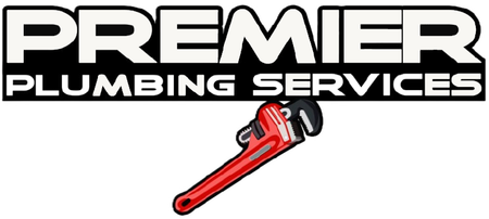 Premier Plumbing Services logo with a red pipe wrench on a white background