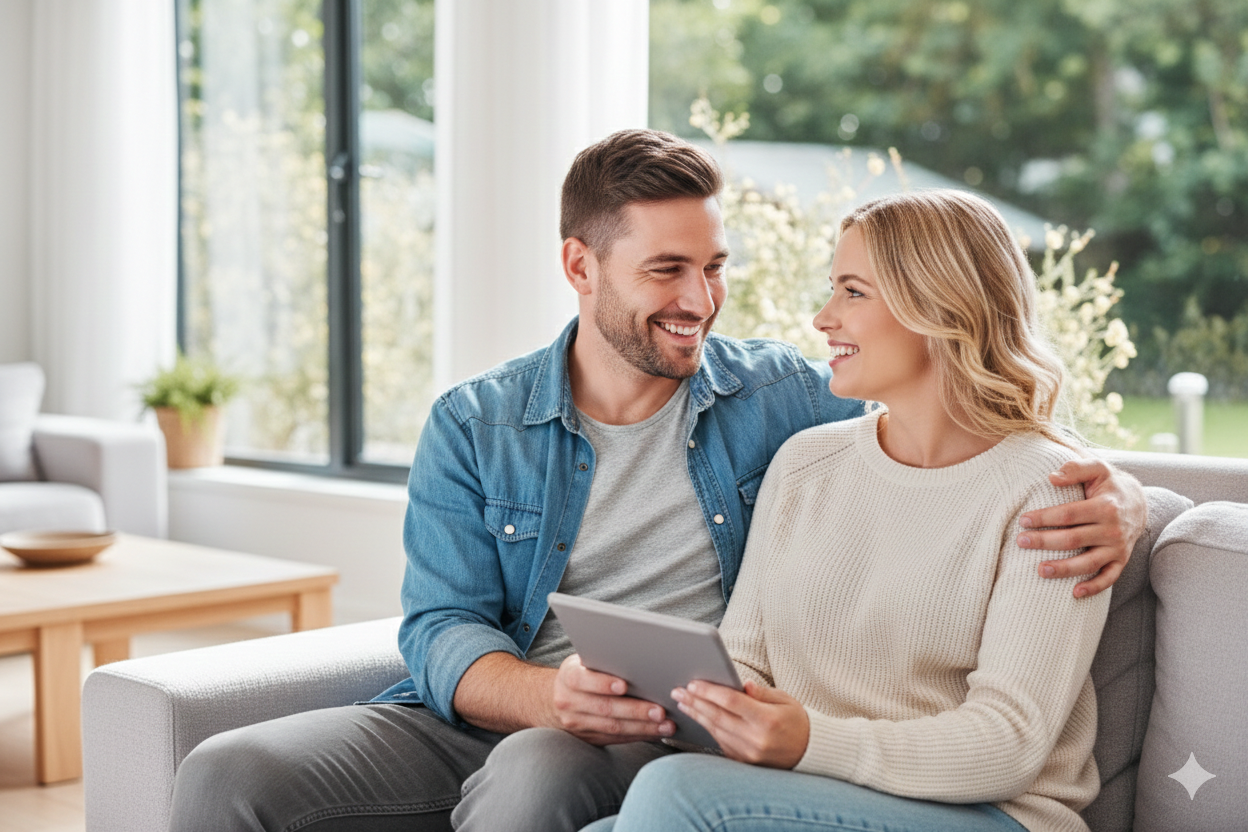 Couple smiling, looking at tablet together on sofa in living room.