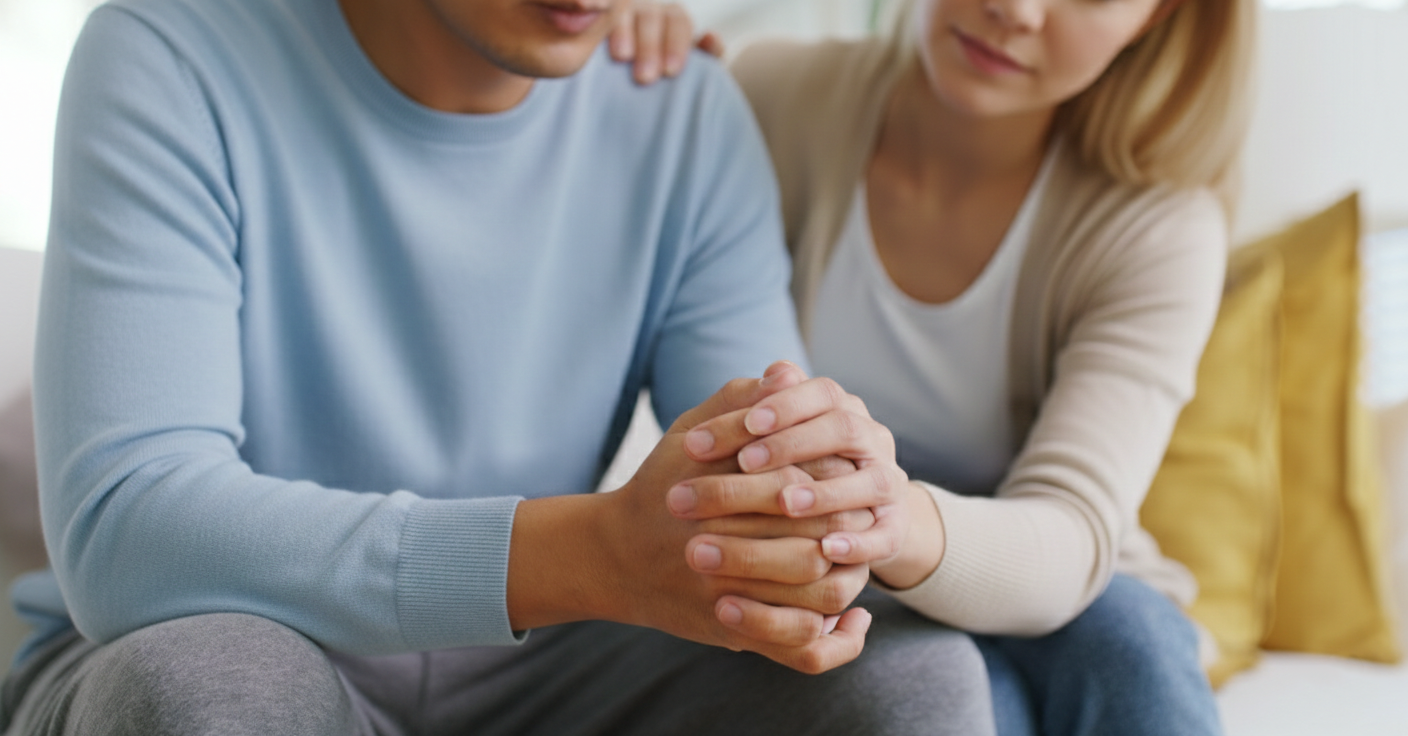 Woman comforts a person, resting a hand on their shoulder and holding their hands.